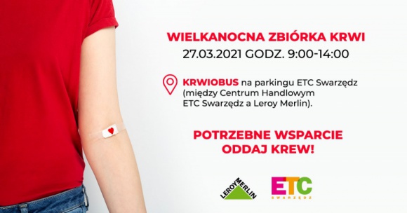 KRWIOBUS W SWARZĘDZU – oddaj krew dla potrzebujących! Zdrowie, LIFESTYLE - Warto przyjść w najbliższą sobotę 27 marca do ETC Swarzędz i podzielić się tym, co najcenniejsze – krwią dla potrzebujących. Specjalny krwiobus będzie czekał na parkingu centrum handlowego w godzinach 09:00-14:00.